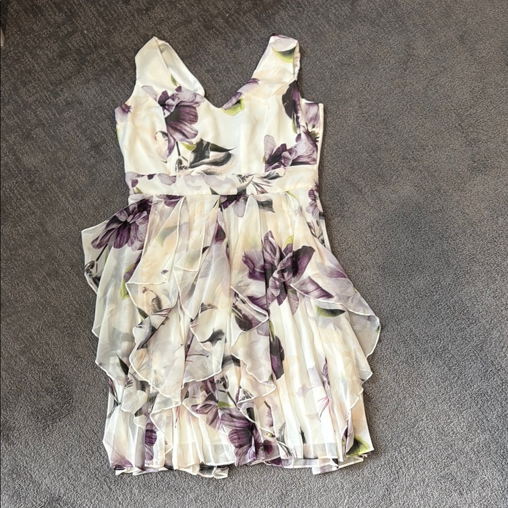 le chateau Cream Floral Ruffled Cocktail Dress with Purple Accents